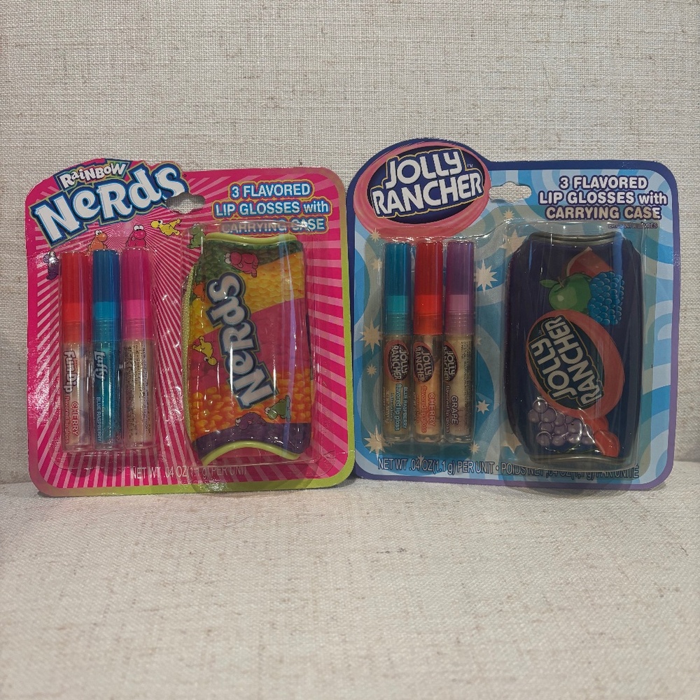 Vintage Lotta Luv Rainbow Nerds and Jolly Rancher 3 Flavored Lip Balms w/Pouch
